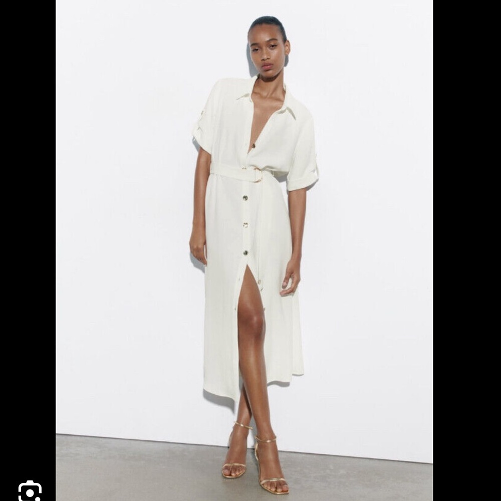 Zara Cream Button‑Front Midi Shirt Dress with Belt